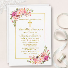 水彩ピンクフローラ金ゴールドクロス聖餐式 招待状