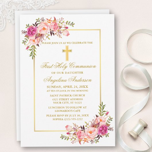 水彩ピンクフローラ金ゴールドクロス聖餐式 招待状
