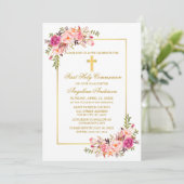 水彩ピンクフローラ金ゴールドクロス聖餐式 招待状 (スタンド正面)