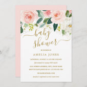 水彩ピンクフローラ金ゴールドグリッターベビーシャワー 招待状 (正面/裏面)