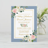 水彩ピンクフローラ金ゴールドダスティブルー結婚ズ 招待状 (スタンド正面)
