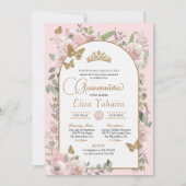 水彩ピンクフローラ金ゴールドバタフライキンセアニラ 招待状 (正面)