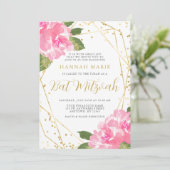 水彩ピンクフローラ金ゴールドバルミツワー 招待状 (スタンド正面)
