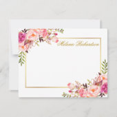 水彩ピンクフローラ金ゴールドフレームパーソナライズされた ノートカード (正面)