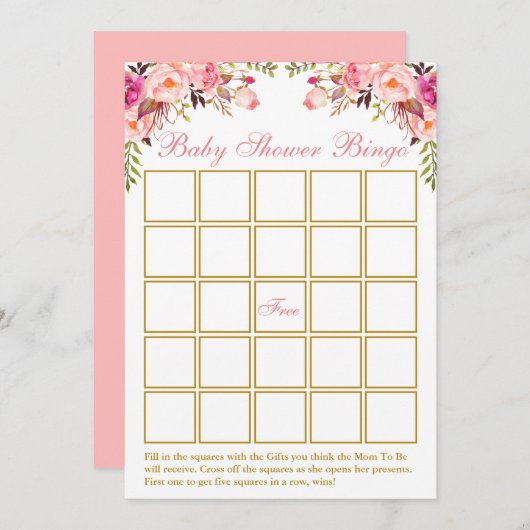 水彩ピンクフローラ金ゴールドベビーシャワービンゴカード 招待状 (正面/裏面)