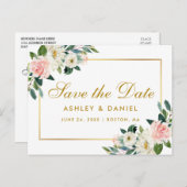 水彩ピンクフローラ金ゴールド保存日 案内ポストカード (正面/裏面)