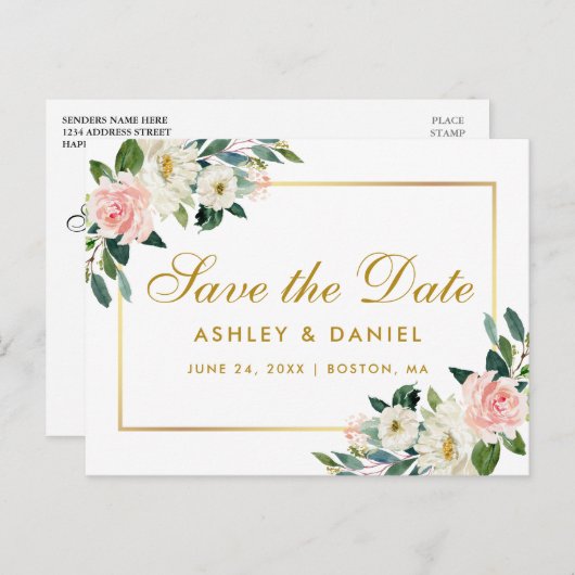 水彩ピンクフローラ金ゴールド保存日 案内ポストカード (正面/裏面)