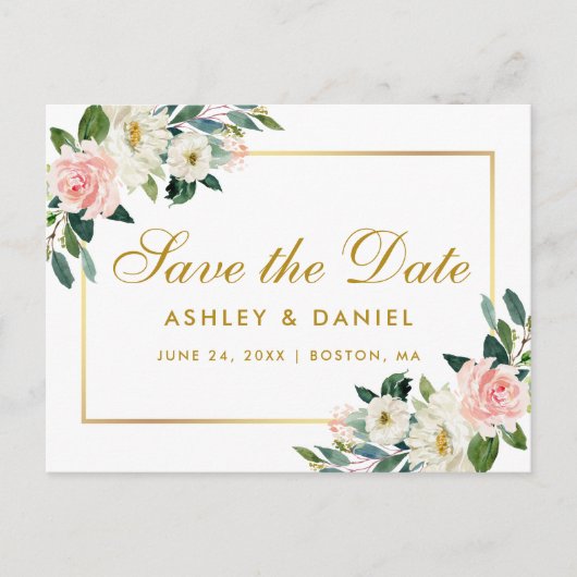 水彩ピンクフローラ金ゴールド保存日 案内ポストカード (正面)