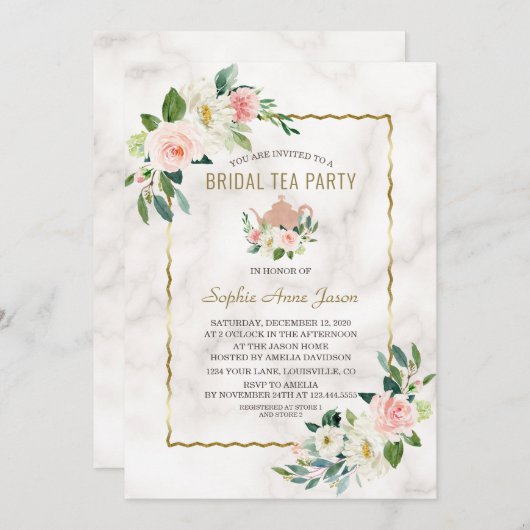 水彩ピンクフローラ金ゴールド大理石ブライダルシャワー 招待状 (正面/裏面)