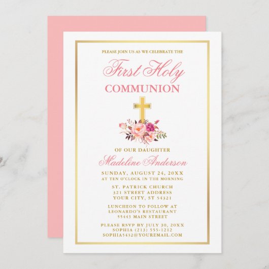 水彩ピンクフローラ金ゴールド第1聖体 招待状 (正面/裏面)