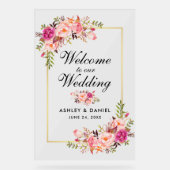 水彩ピンクフローラ金ゴールド結婚の歓迎 アクリルサイン (正面)