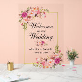 水彩ピンクフローラ金ゴールド結婚の歓迎 アクリルサイン (ウェディング)