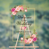 水彩ピンクフローラ金ゴールド結婚の歓迎 アクリルサイン (ニュートラル)