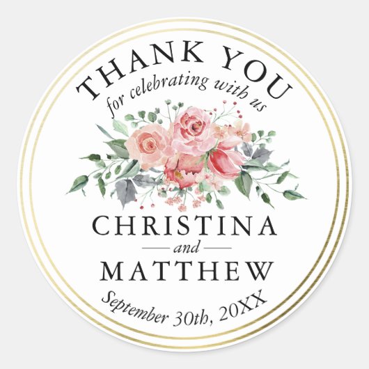 水彩ピンクフローラ金ゴールド結婚ズサンキュー ラウンドシール (正面)