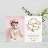 水彩ピンクフローラ金ゴールド誕生日ありがとう カード (スタンド正面)