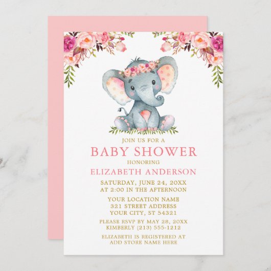 水彩ピンクフローラ金ゴールド赤ちゃんシャワーエレファント 招待状 (正面/裏面)