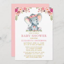 水彩ピンクフローラ金ゴールド赤ちゃんシャワーエレファント 招待状