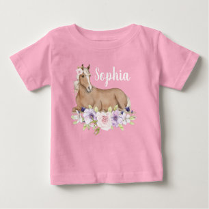水彩ピンクフローラ馬誕生日 ベビーTシャツ