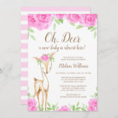 水彩ピンクフローラ鹿ガールベビーシャワー 招待状 (正面/裏面)