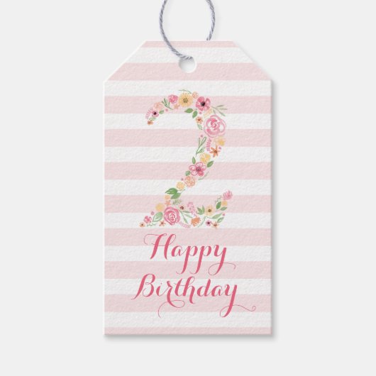 水彩ピンクフローラ2歳2歳の誕生日 ギフトタグ (正面)