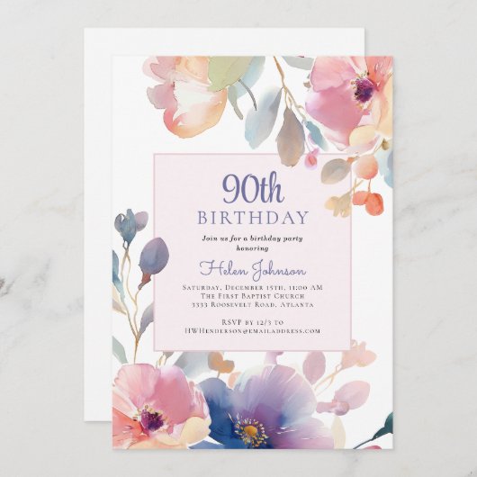 水彩ピンクフローラ90th誕生日パーティー 招待状 (正面/裏面)