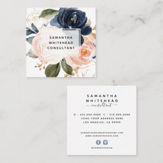 水彩ピンクフローラ スクエア名刺 (正面/裏面)