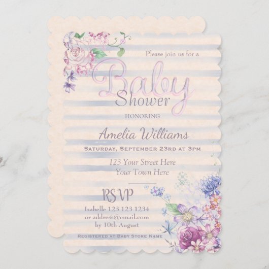水彩ピンクフローラ&ストライプガールベビーシャワー 招待状 (正面/裏面)