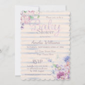 水彩ピンクフローラ&ストライプガールベビーシャワー 招待状 (正面)