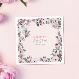 水彩ピンクフローラ&バーズベビーシャワー スタンダードカクテルナプキン