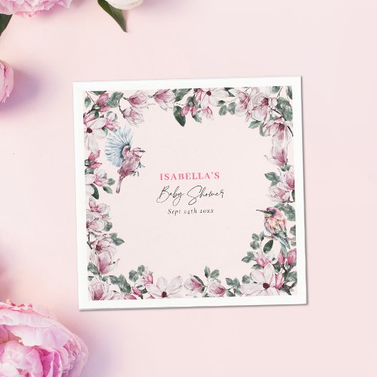 水彩ピンクフローラ&バーズベビーシャワー スタンダードカクテルナプキン