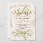 水彩ピンクフローラ&緑ベビーシャワー 招待状 (正面)