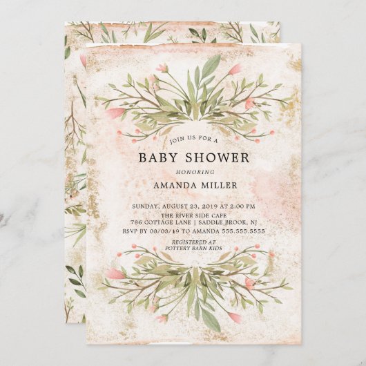 水彩ピンクフローラ&緑ベビーシャワー 招待状 (正面/裏面)