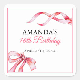 水彩ピンクフローリングリボンスウィート16誕生日 スクエアシール