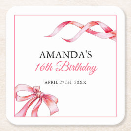 水彩ピンクフローリングリボンスウィート16誕生日 スクエアペーパーコースター
