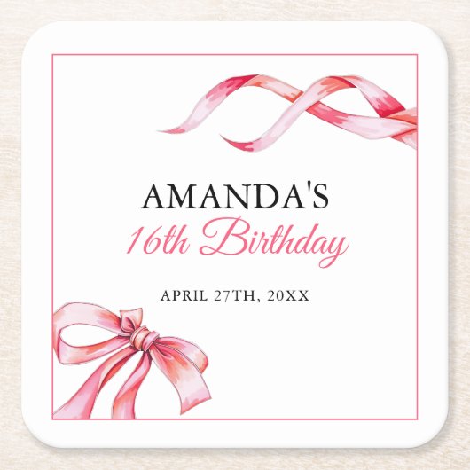 水彩ピンクフローリングリボンスウィート16誕生日 スクエアペーパーコースター (正面)