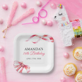 水彩ピンクフローリングリボンスウィート16誕生日 ペーパープレート (パーティー)