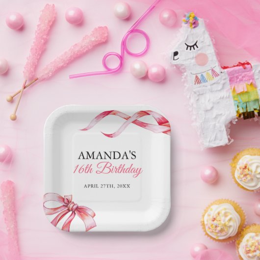 水彩ピンクフローリングリボンスウィート16誕生日 ペーパープレート (パーティー)