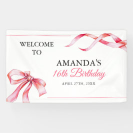 水彩ピンクフローリングリボンスウィート16誕生日 横断幕