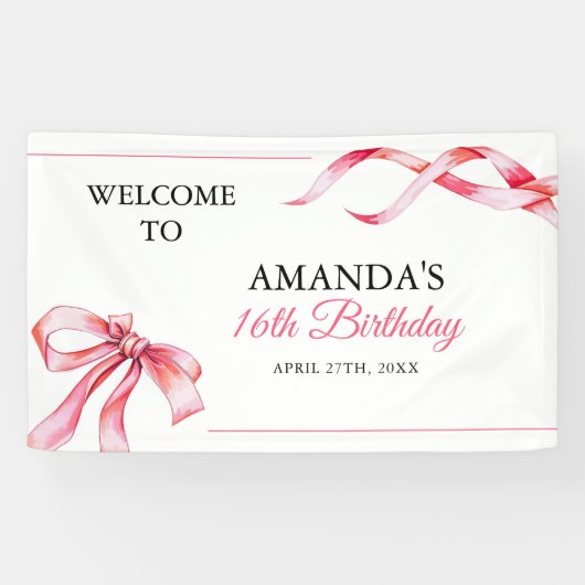 水彩ピンクフローリングリボンスウィート16誕生日 横断幕 (横)