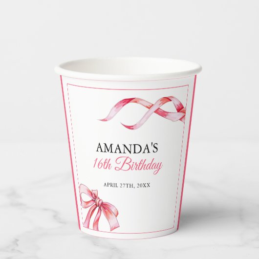 水彩ピンクフローリングリボンスウィート16誕生日 紙コップ (正面)