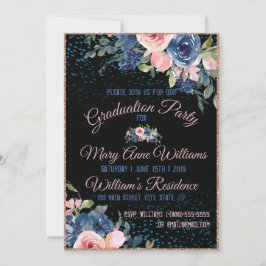 水彩ピンクブルーエレガントフローラ卒業 招待状