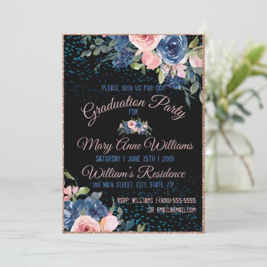 水彩ピンクブルーエレガントフローラ卒業 招待状 (スタンド正面)