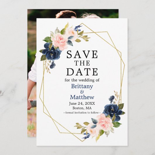 水彩ピンクブルーバラジオフレーム写真 セーブザデート (正面/裏面)