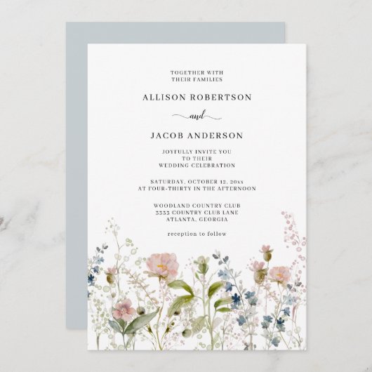 水彩ピンクブルーワイルドフラワー結婚フローラ 招待状 (正面/裏面)