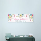 水彩ピンクブルー花模様蝶誕生日 横断幕 (トレードショー)