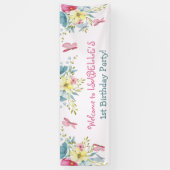 水彩ピンクブルー花模様蝶誕生日 横断幕 (縦)