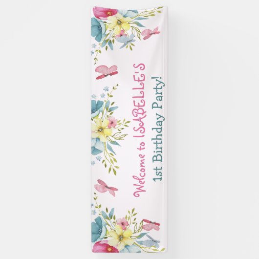 水彩ピンクブルー花模様蝶誕生日 横断幕 (縦)