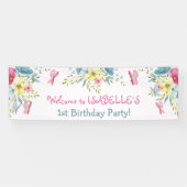 水彩ピンクブルー花模様蝶誕生日 横断幕 (横)