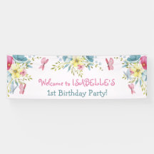 水彩ピンクブルー花模様蝶誕生日