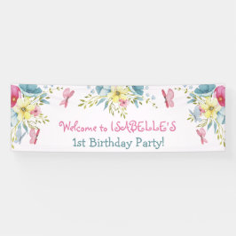 水彩ピンクブルー花模様蝶誕生日 横断幕